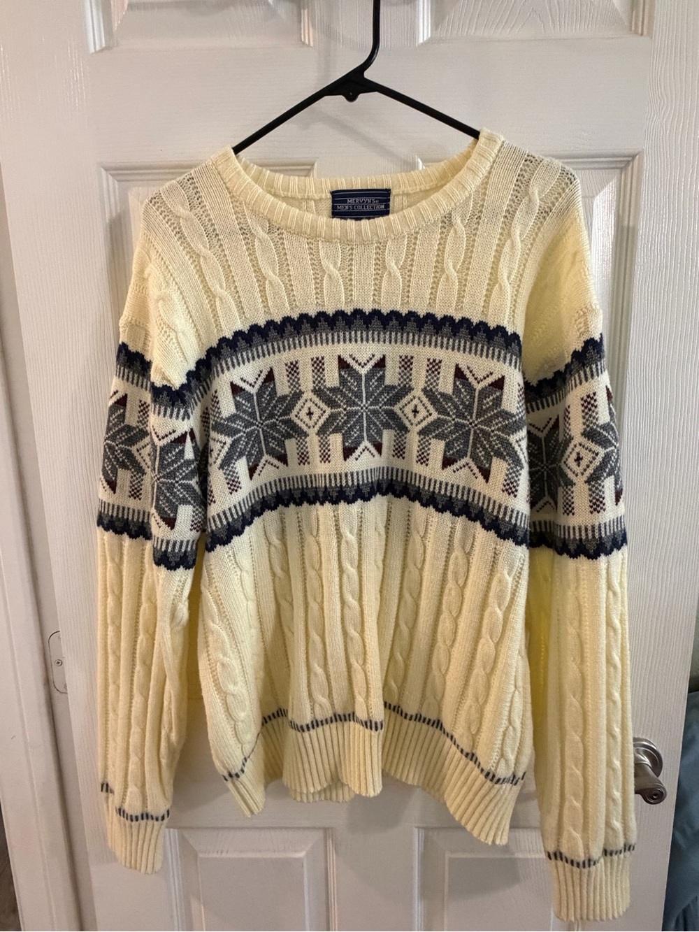 Vintage Mervyns Men’s Cable Knit Fair Isle Crewneck Sweater - Cream with Gray